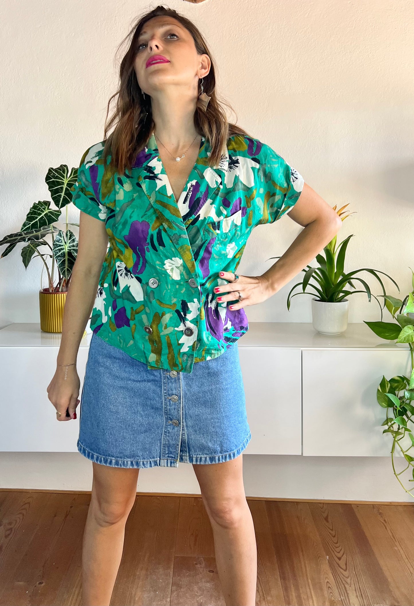 1980's vintage green and purple floral blouse