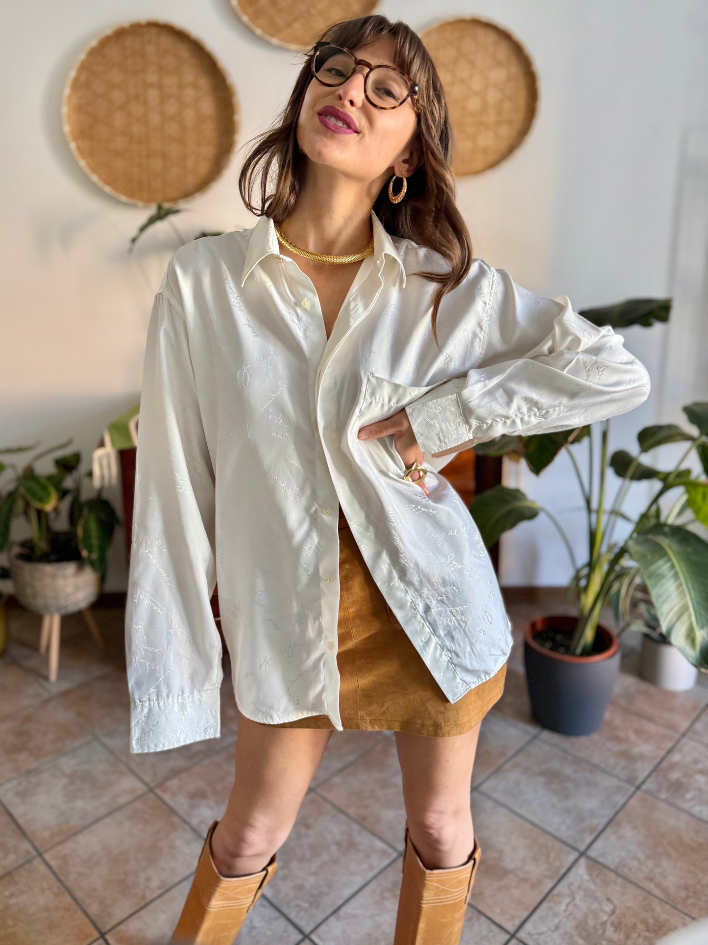 1970's vintage cream satin blouse with all over cream woven script