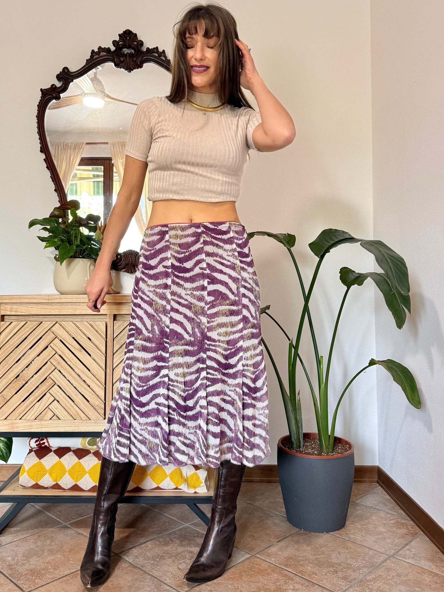 Y2k vintage purple and cream zebra stripe midi skirt