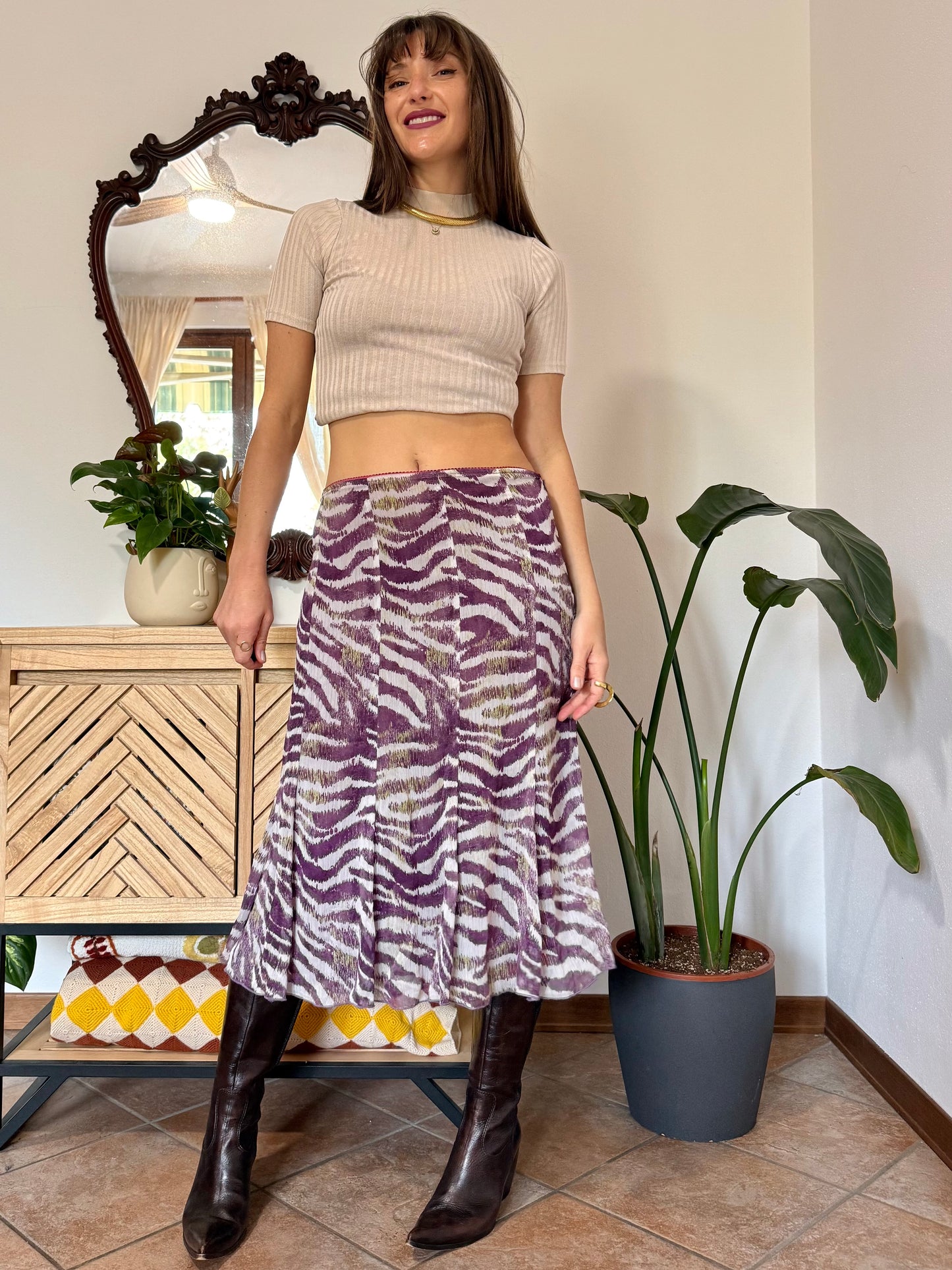 Y2k vintage purple and cream zebra stripe midi skirt