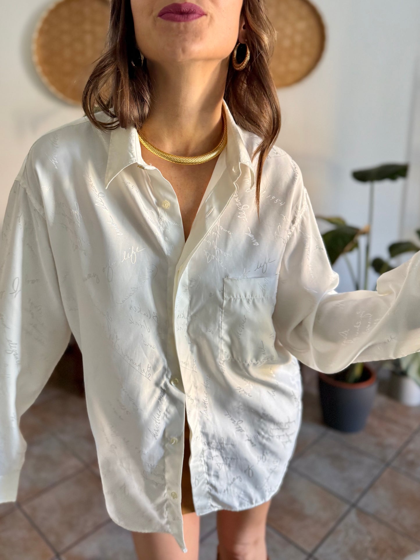 1970's vintage cream satin blouse with all over cream woven script