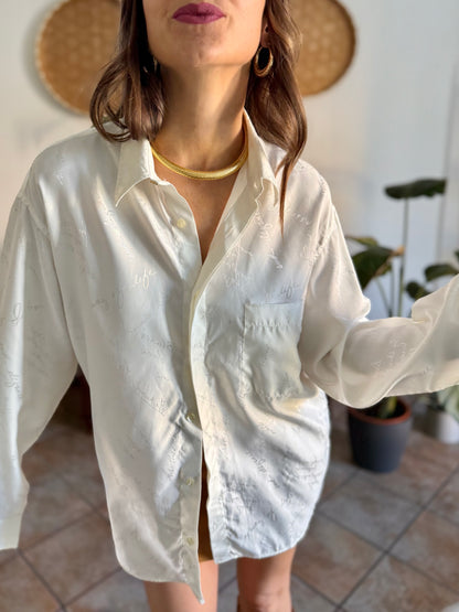 1970's vintage cream satin blouse with all over cream woven script