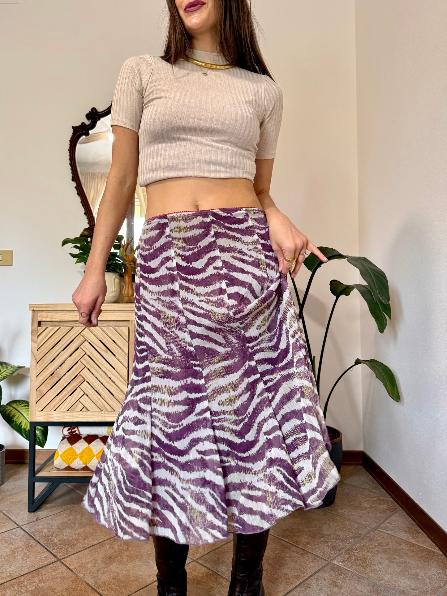 Y2k vintage purple and cream zebra stripe midi skirt