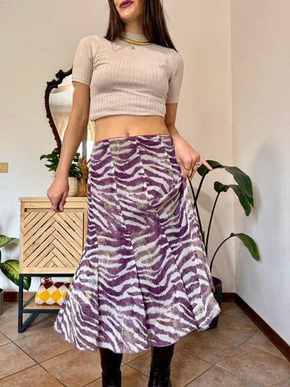 Y2k vintage purple and cream zebra stripe midi skirt