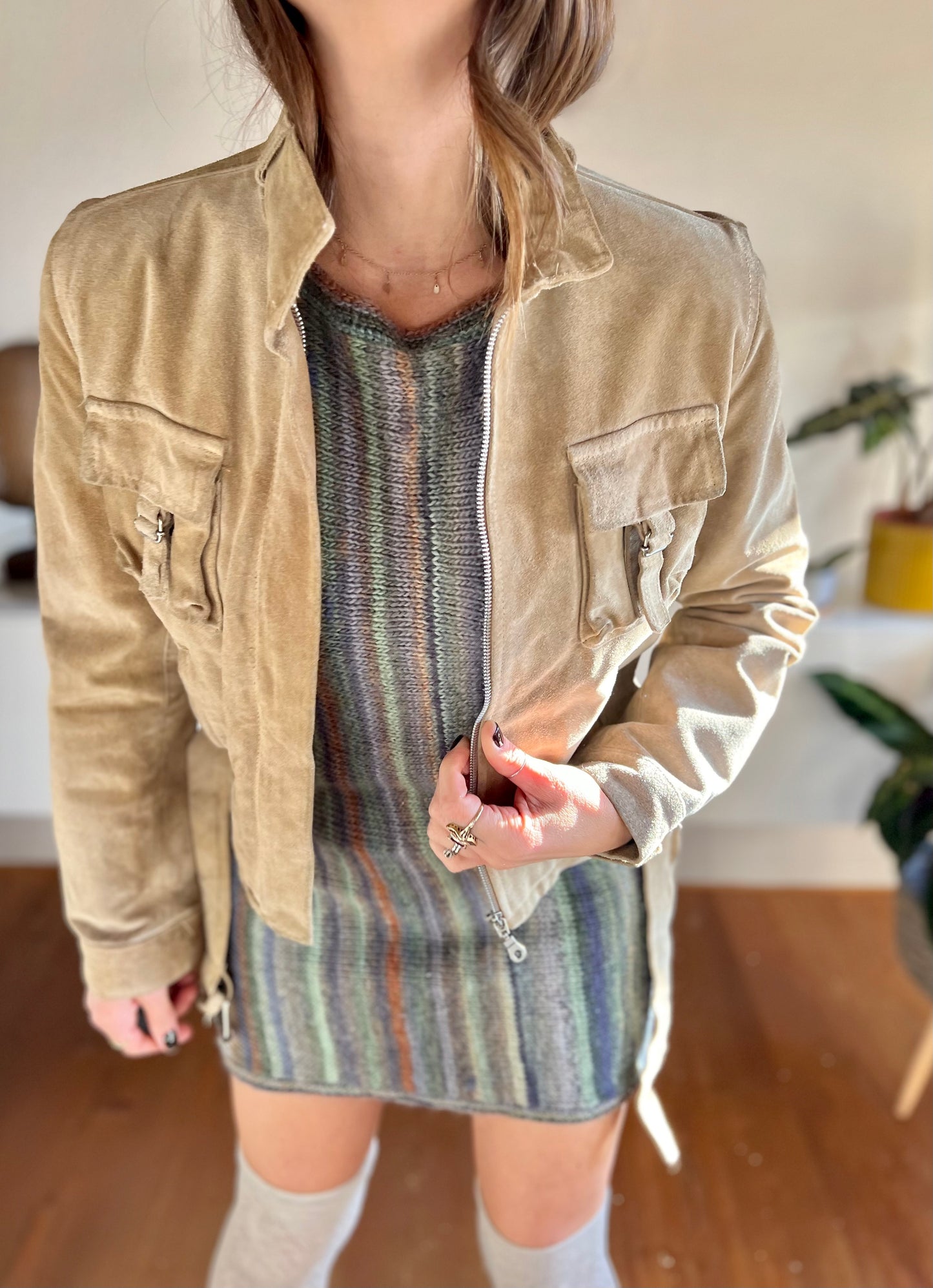 1970's vintage beige moto style suede jacket