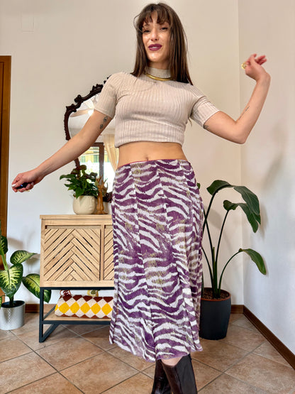Y2k vintage purple and cream zebra stripe midi skirt