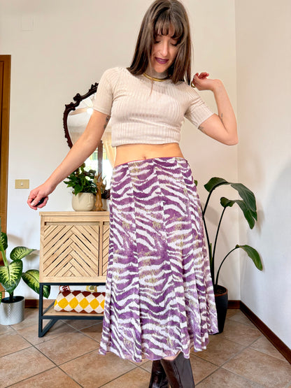 Y2k vintage purple and cream zebra stripe midi skirt