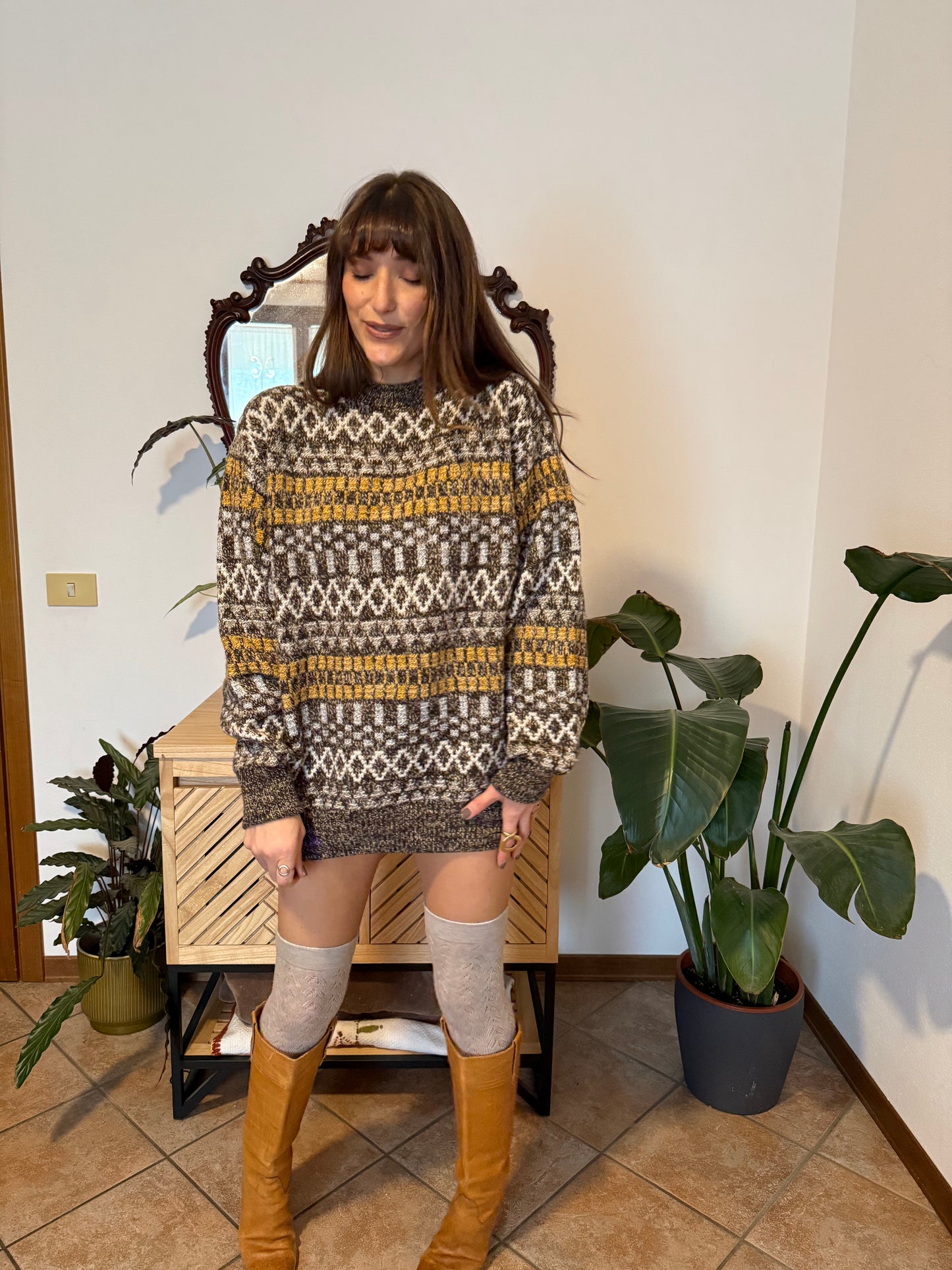 1970's vintage chocolate brown and mustard yellow geometric knit wool pullover