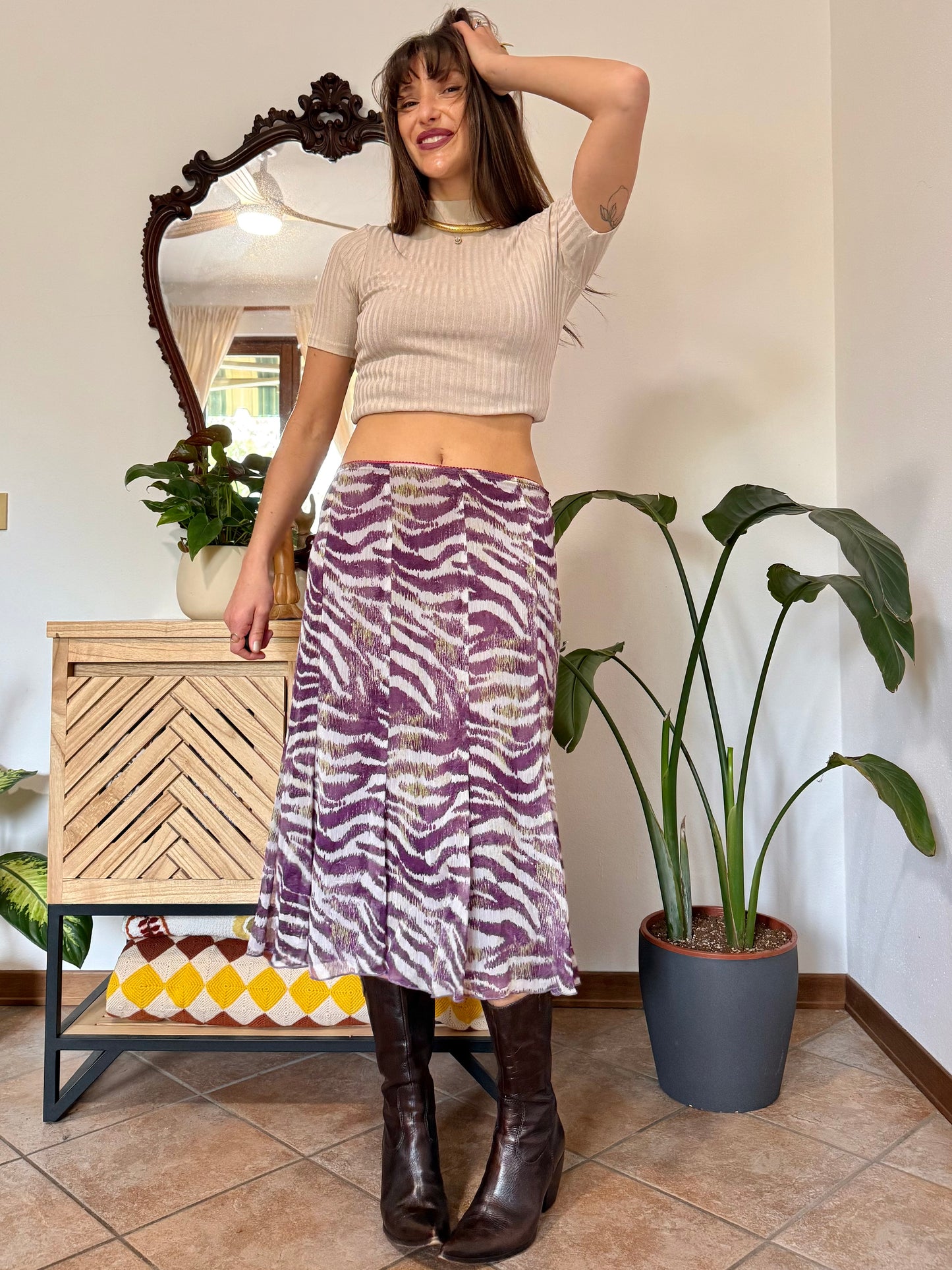 Y2k vintage purple and cream zebra stripe midi skirt