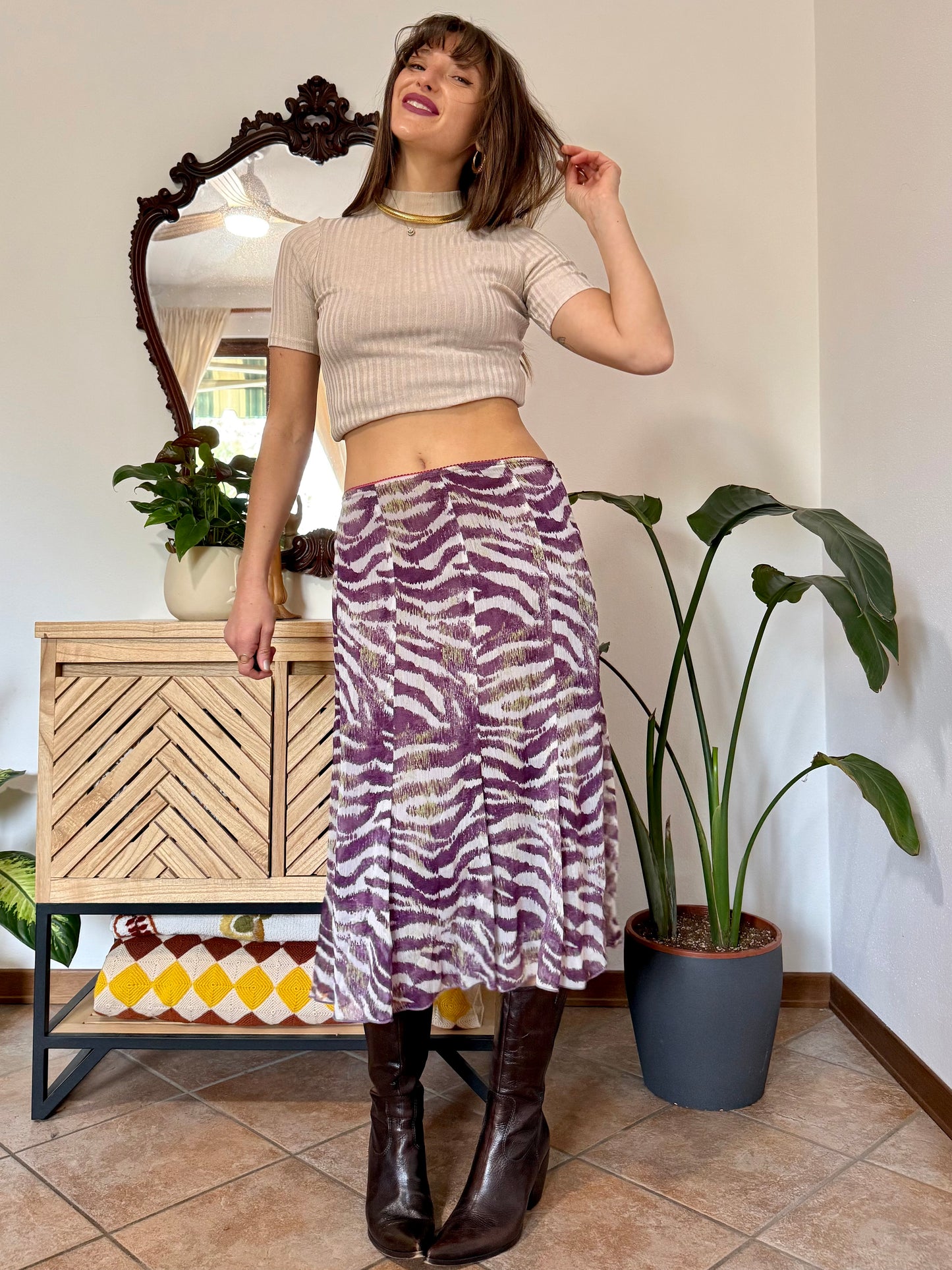 Y2k vintage purple and cream zebra stripe midi skirt