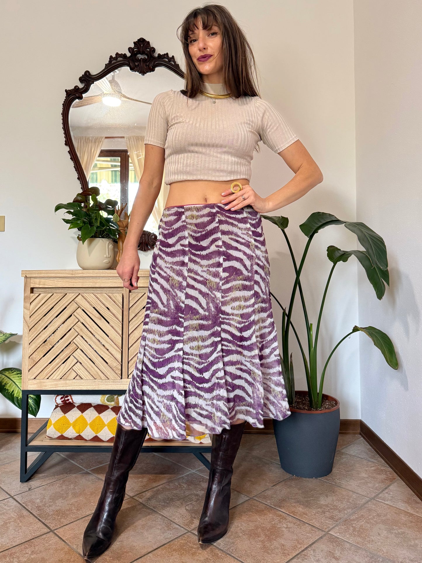 Y2k vintage purple and cream zebra stripe midi skirt