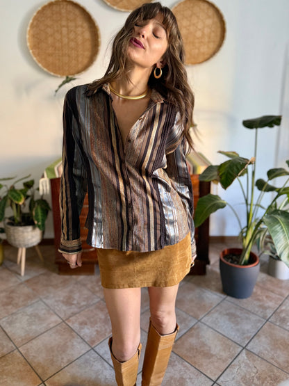 1990's vintage chocolate brown brown shirt with orange and grey velvet textured stripes