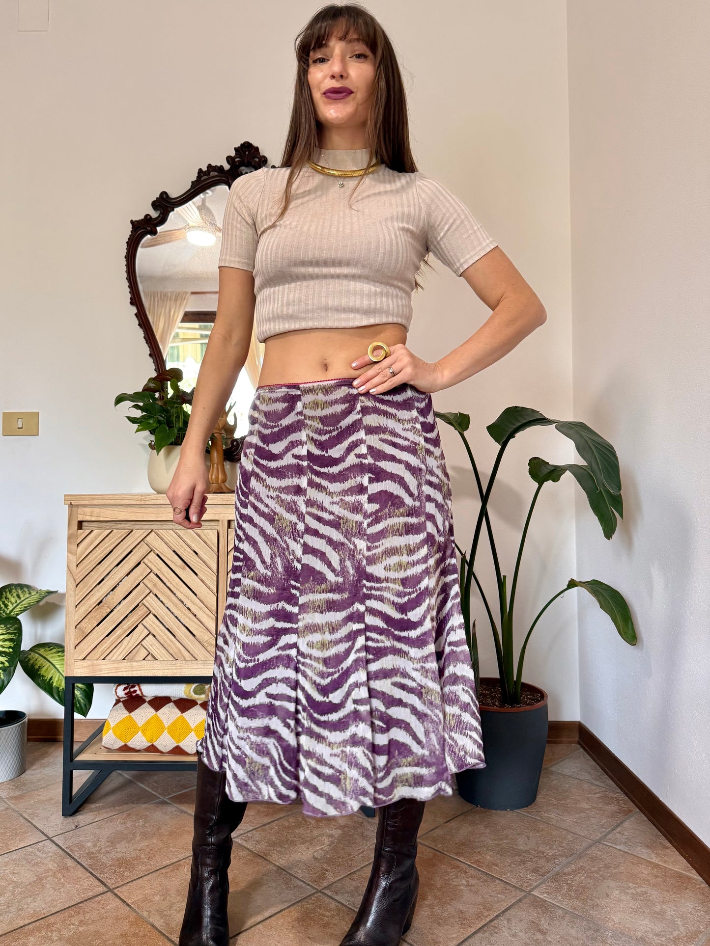 Y2k vintage purple and cream zebra stripe midi skirt