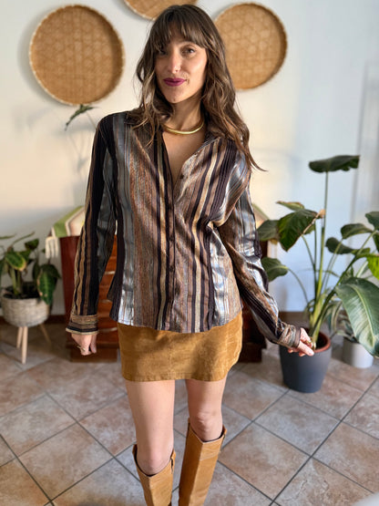 1990's vintage chocolate brown brown shirt with orange and grey velvet textured stripes