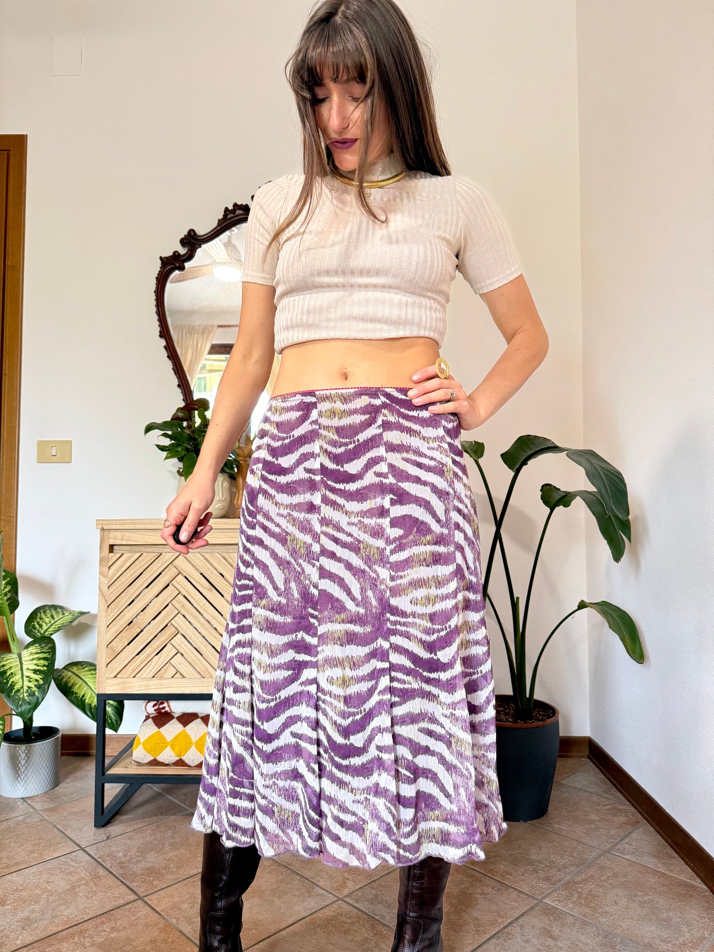 Y2k vintage purple and cream zebra stripe midi skirt