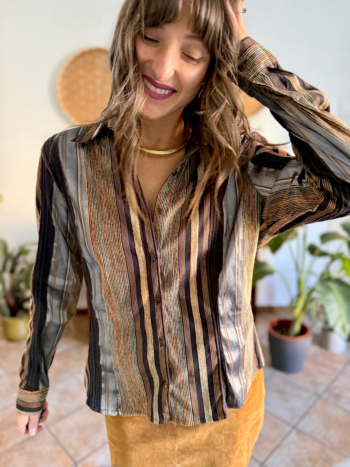 1990's vintage chocolate brown brown shirt with orange and grey velvet textured stripes
