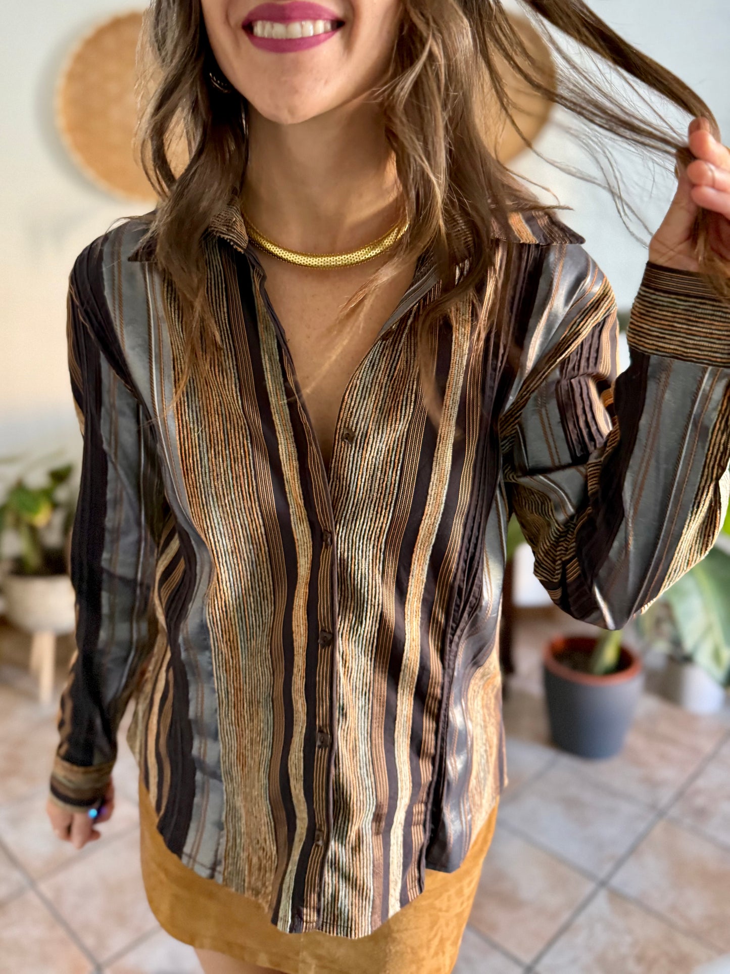 1990's vintage chocolate brown brown shirt with orange and grey velvet textured stripes
