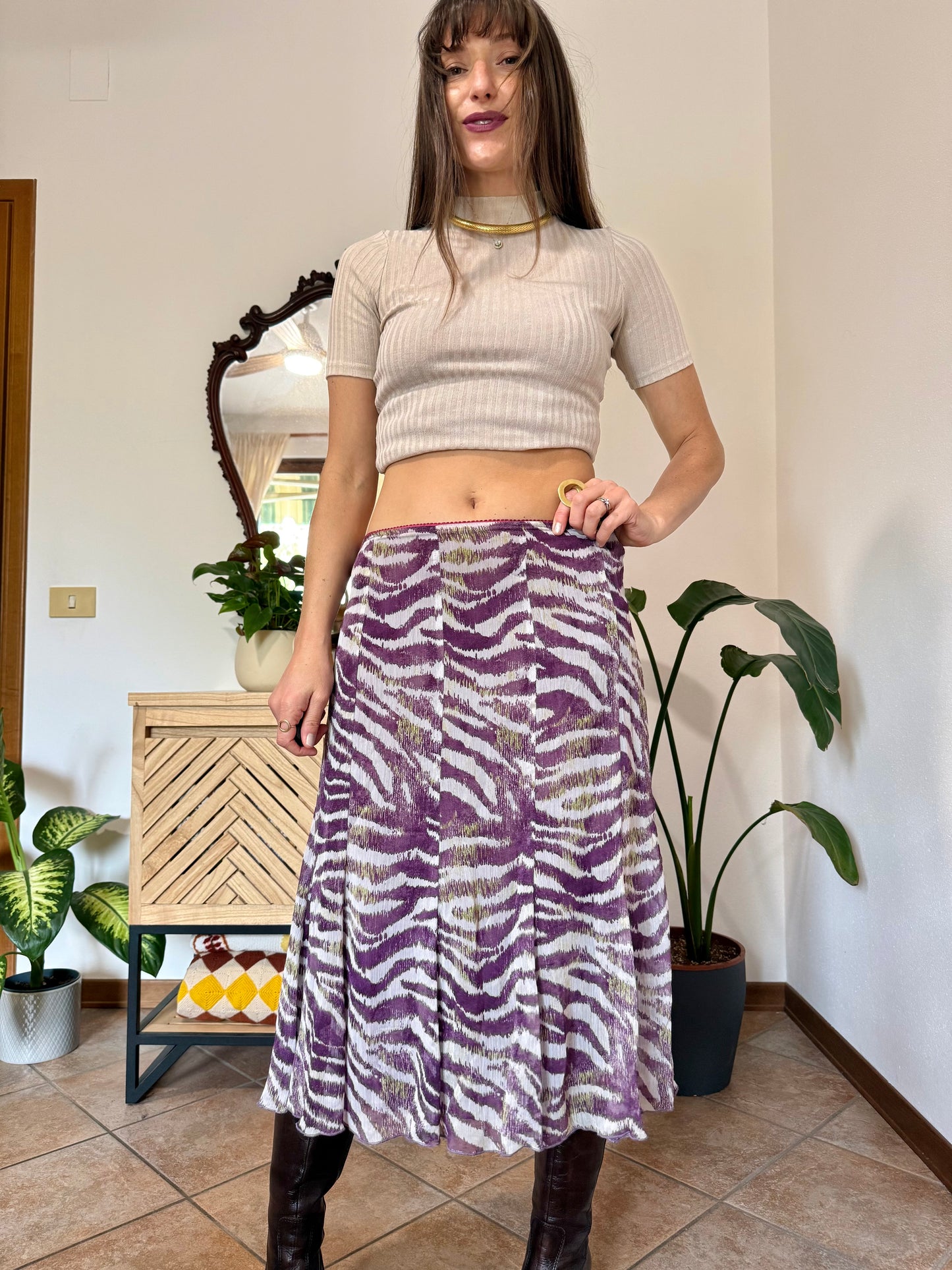 Y2k vintage purple and cream zebra stripe midi skirt