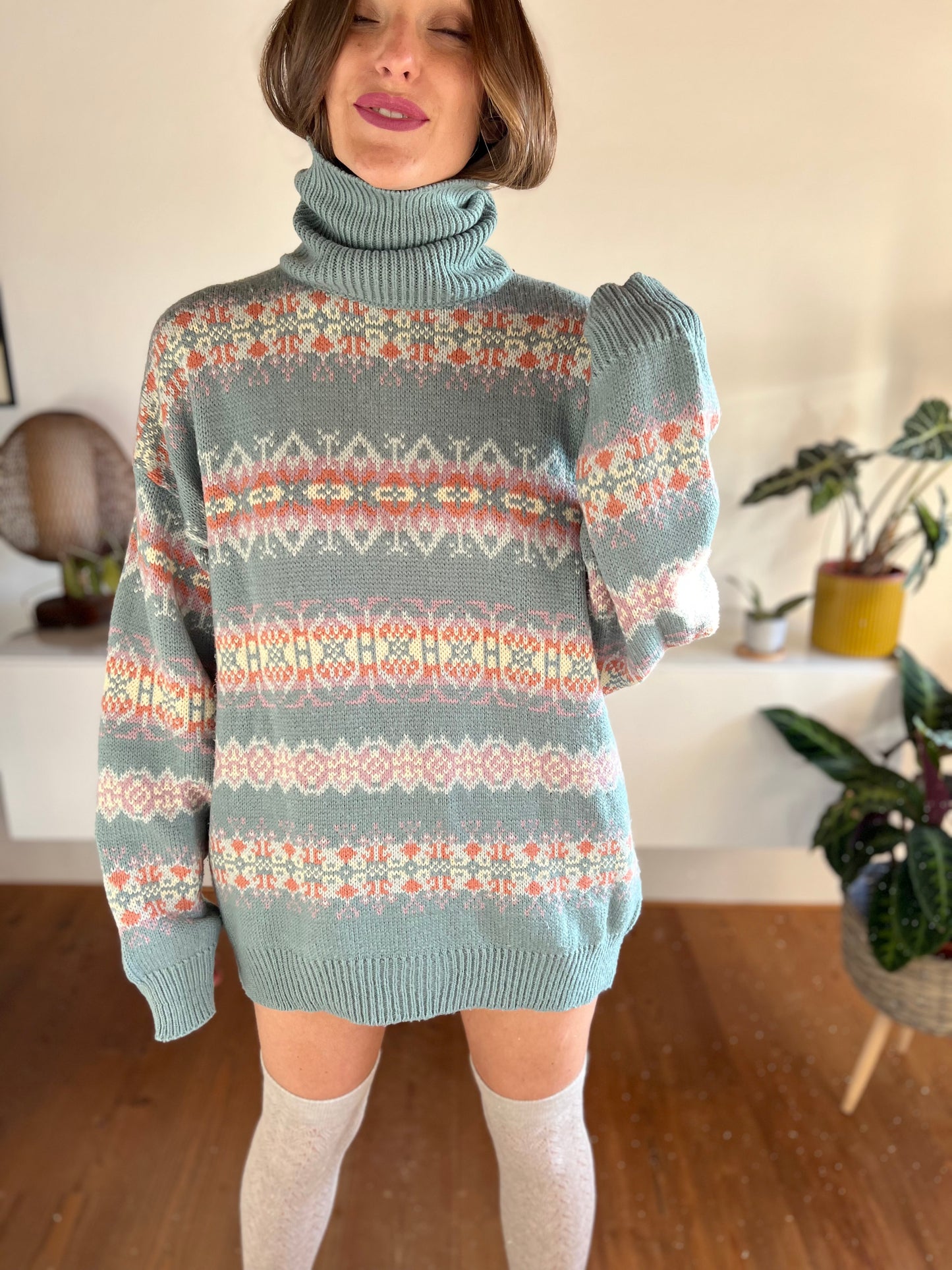 1970's vintage pastel green and rose geometric knit wool turtleneck