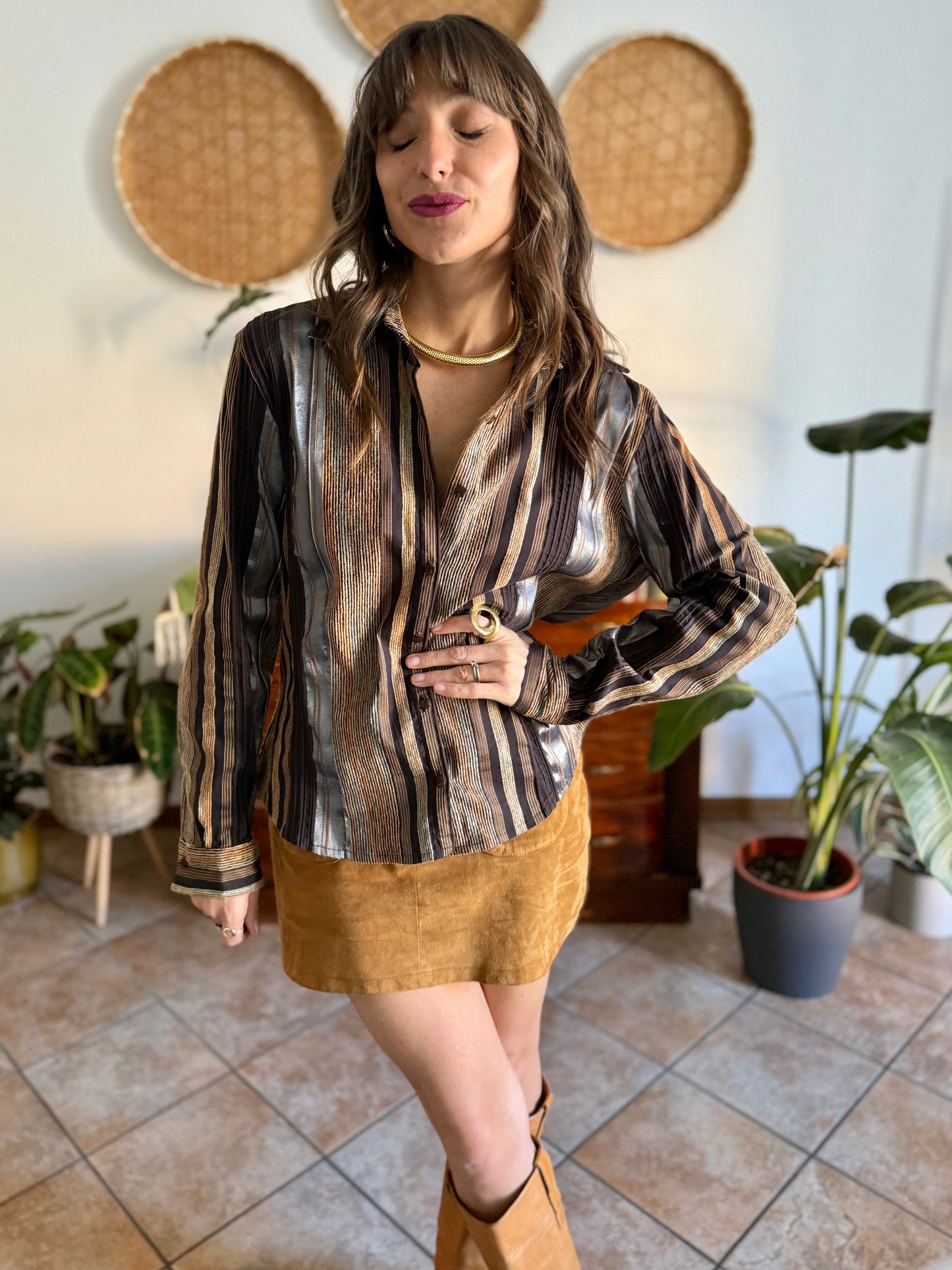 1990's vintage chocolate brown brown shirt with orange and grey velvet textured stripes
