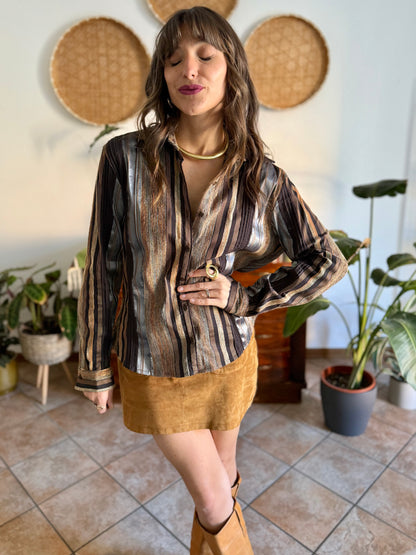 1990's vintage chocolate brown brown shirt with orange and grey velvet textured stripes