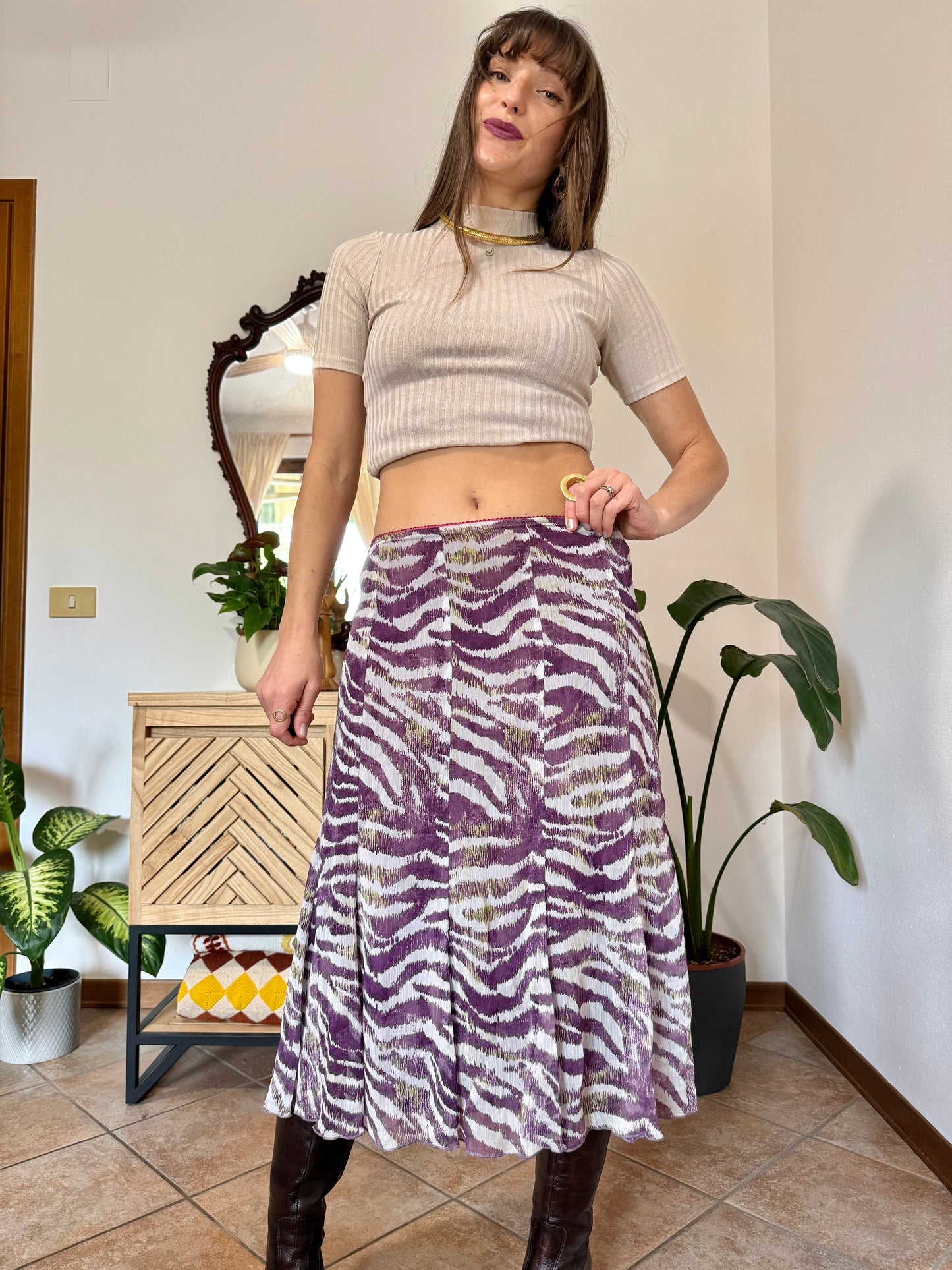 Y2k vintage purple and cream zebra stripe midi skirt