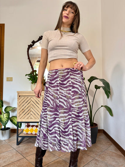 Y2k vintage purple and cream zebra stripe midi skirt