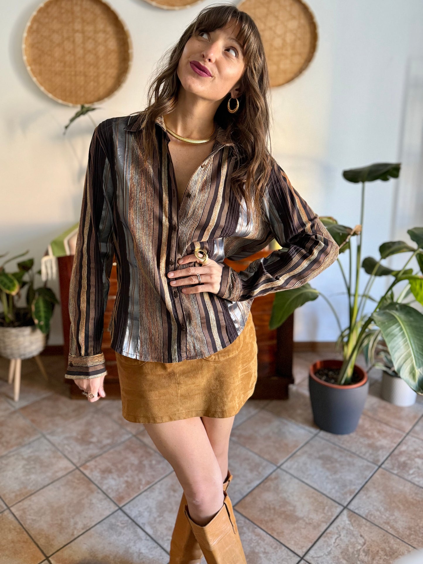 1990's vintage chocolate brown brown shirt with orange and grey velvet textured stripes