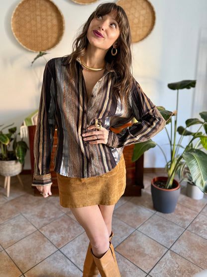 1990's vintage chocolate brown brown shirt with orange and grey velvet textured stripes