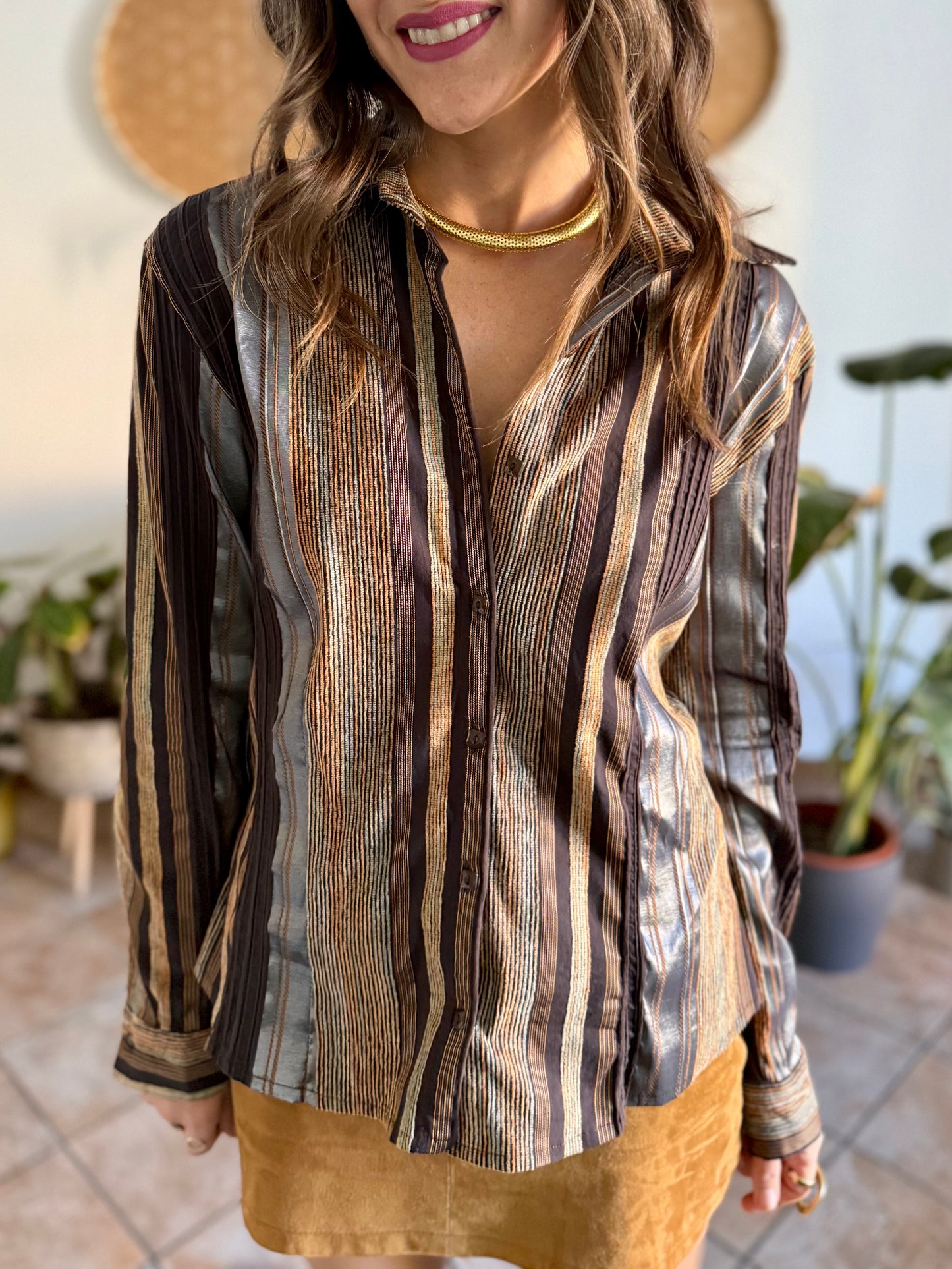 1990's vintage chocolate brown brown shirt with orange and grey velvet textured stripes