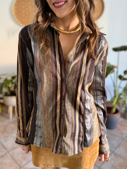 1990's vintage chocolate brown brown shirt with orange and grey velvet textured stripes