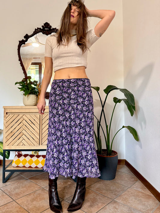 Y2k vintage black and purple floral midi skirt
