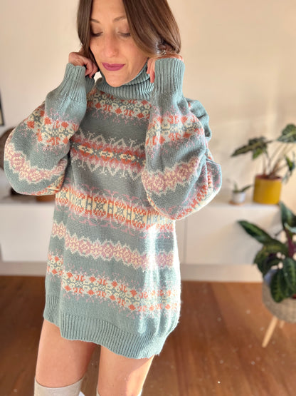 1970's vintage pastel green and rose geometric knit wool turtleneck