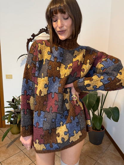 1970's vintage chocolate brown, yellow, blue and burgundy puzzle pattern knit wool pullover