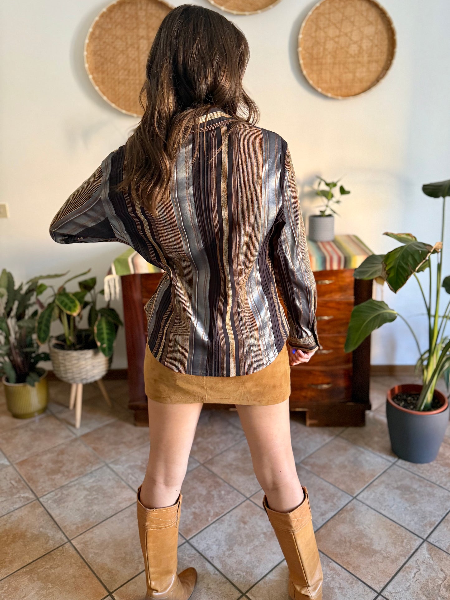 1990's vintage chocolate brown brown shirt with orange and grey velvet textured stripes