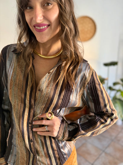 1990's vintage chocolate brown brown shirt with orange and grey velvet textured stripes