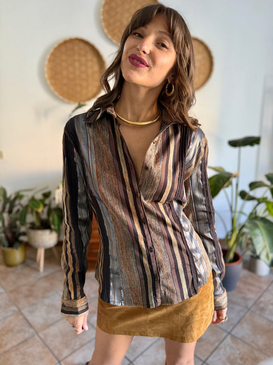 1990's vintage chocolate brown brown shirt with orange and grey velvet textured stripes