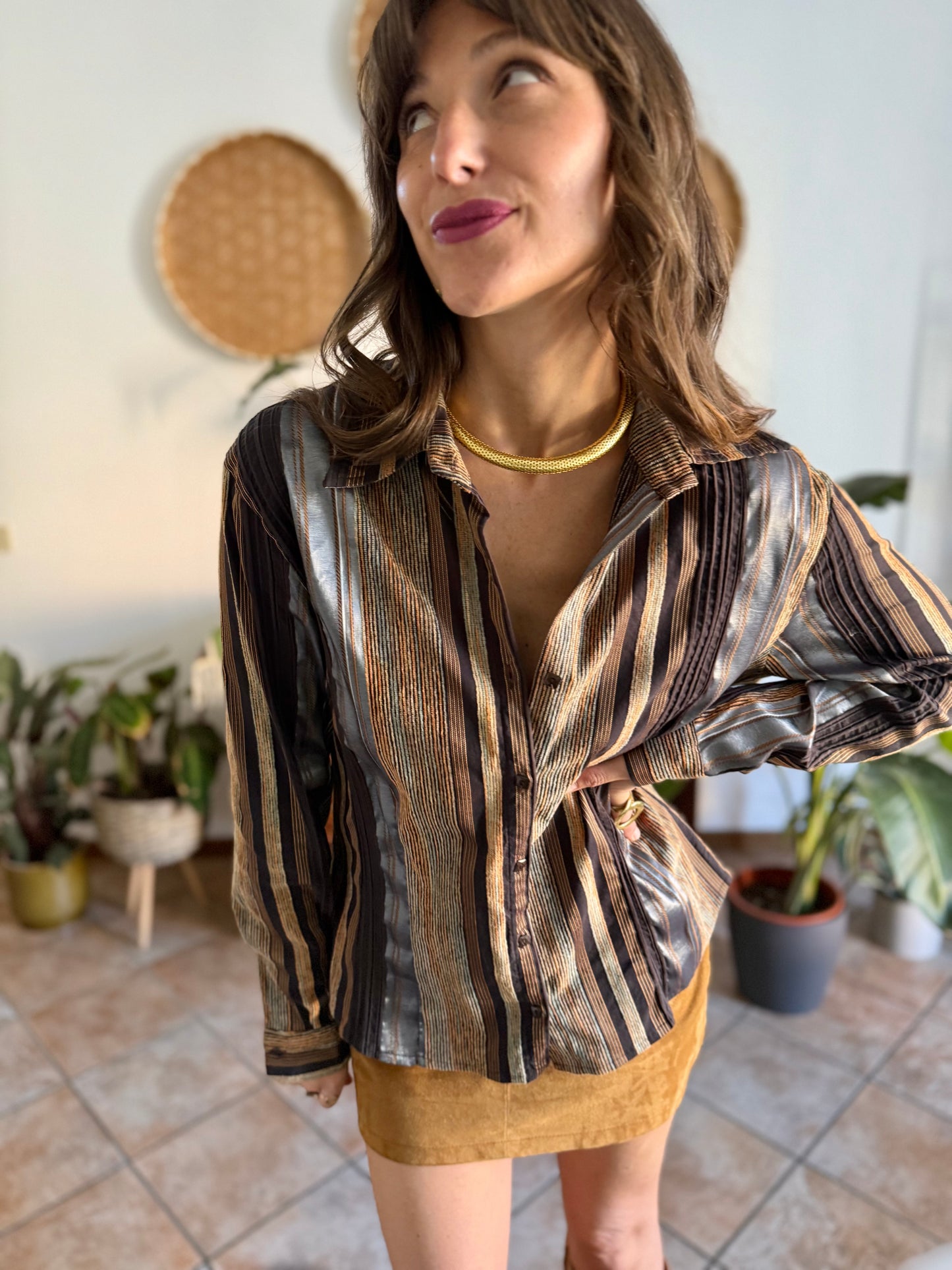 1990's vintage chocolate brown brown shirt with orange and grey velvet textured stripes