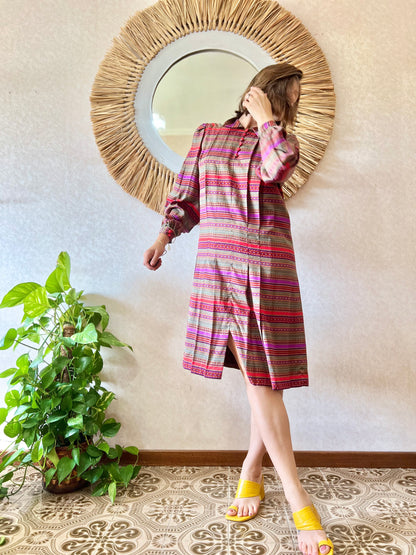 1970's vintage purple, grey, orange and red stripe drop waist dress