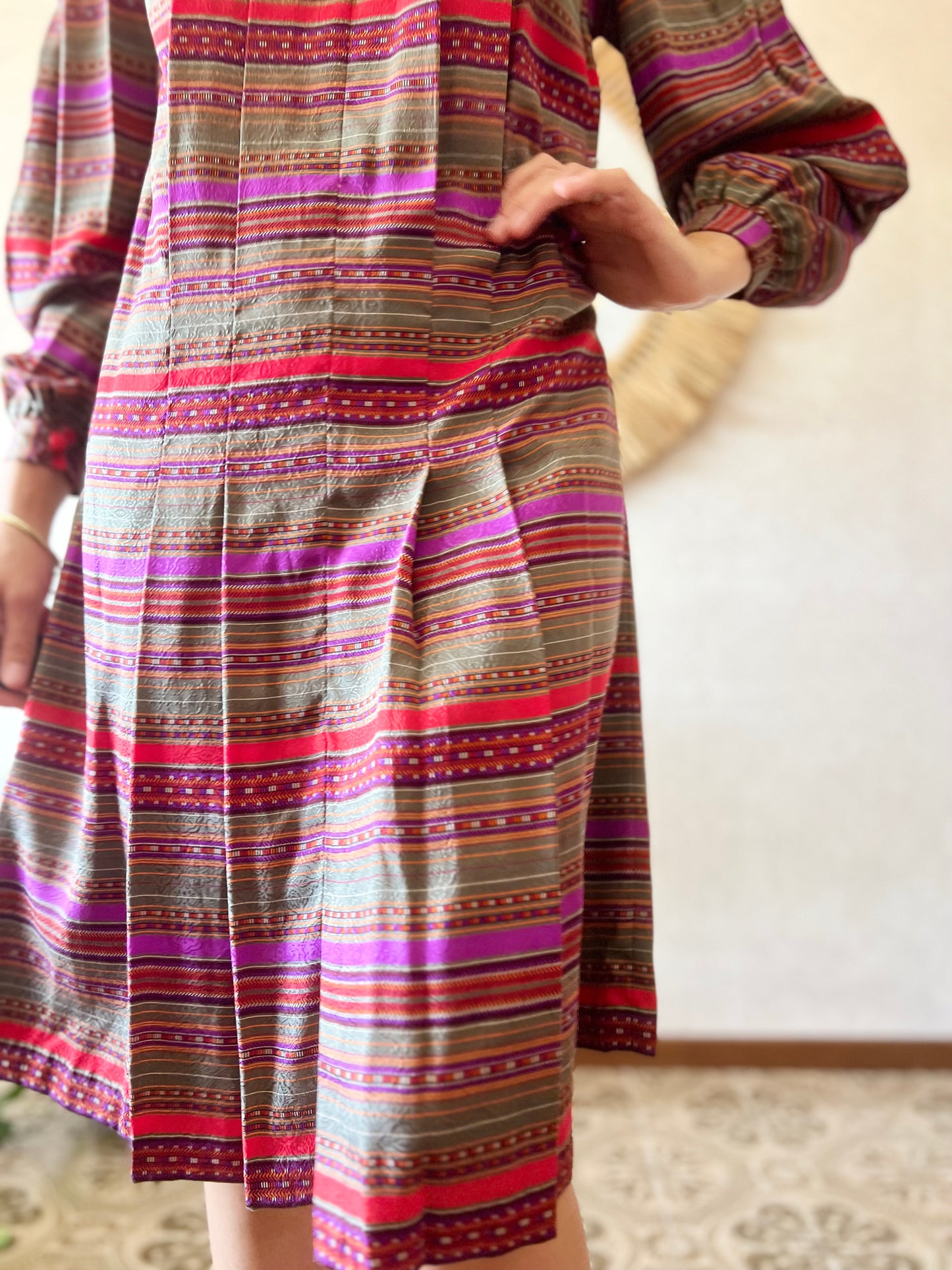 1970's vintage purple, grey, orange and red stripe drop waist dress