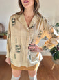 1970's vintage beige blouse with dark green floral print