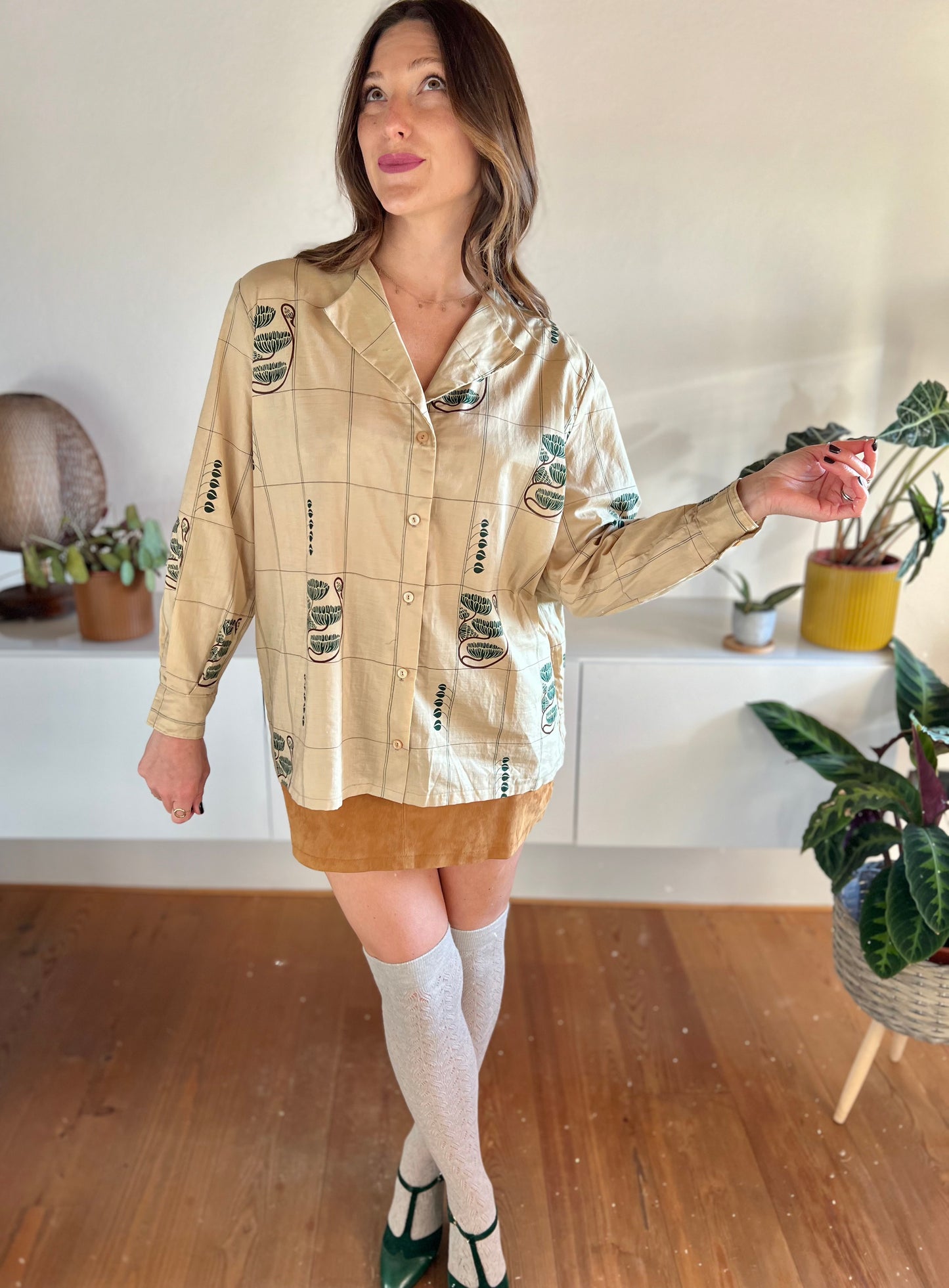 1970's vintage beige blouse with dark green floral print