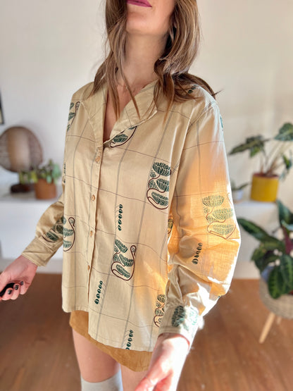 1970's vintage beige blouse with dark green floral print