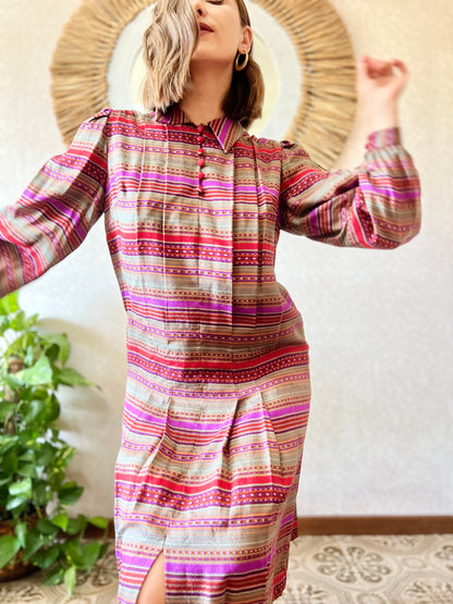 1970's vintage purple, grey, orange and red stripe drop waist dress