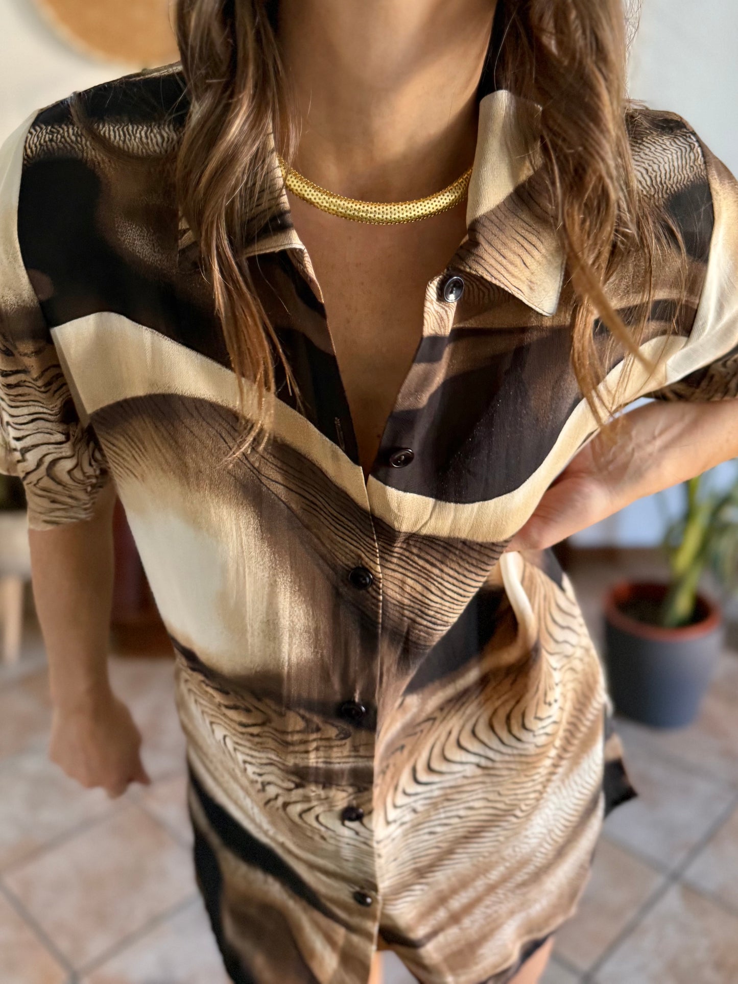 1970's vintage multitonal brown animal print sheer oversize blouse