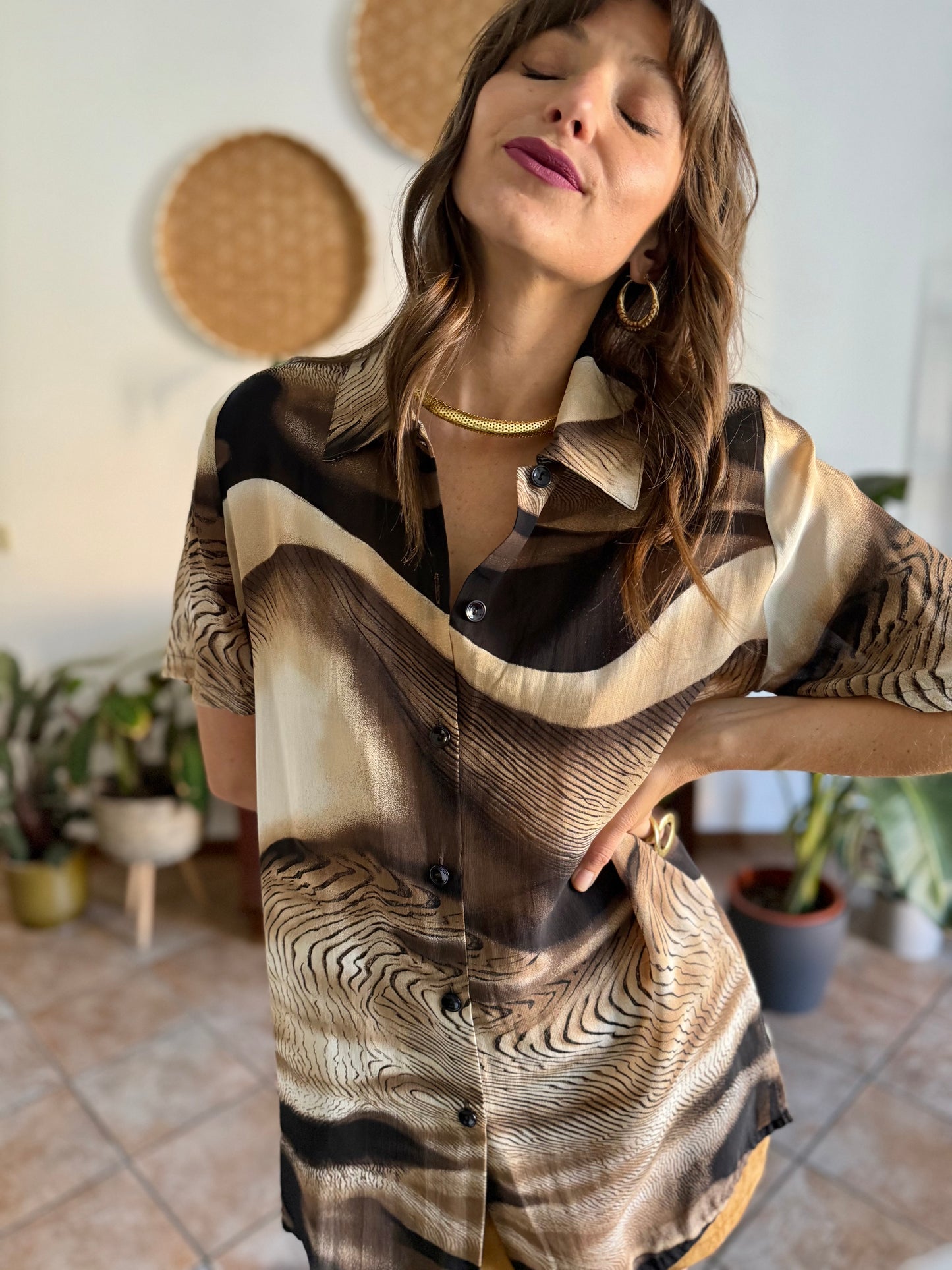 1970's vintage multitonal brown animal print sheer oversize blouse