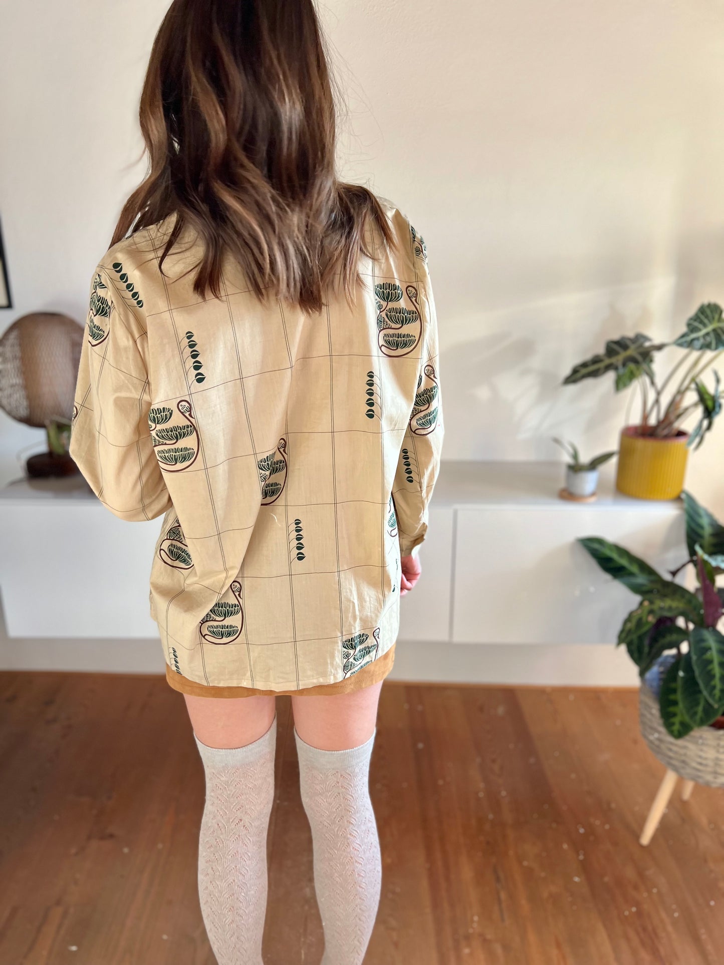 1970's vintage beige blouse with dark green floral print