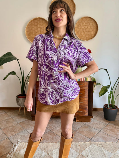 1990's vintage multi tonal purple tie dye effect floral print shirt