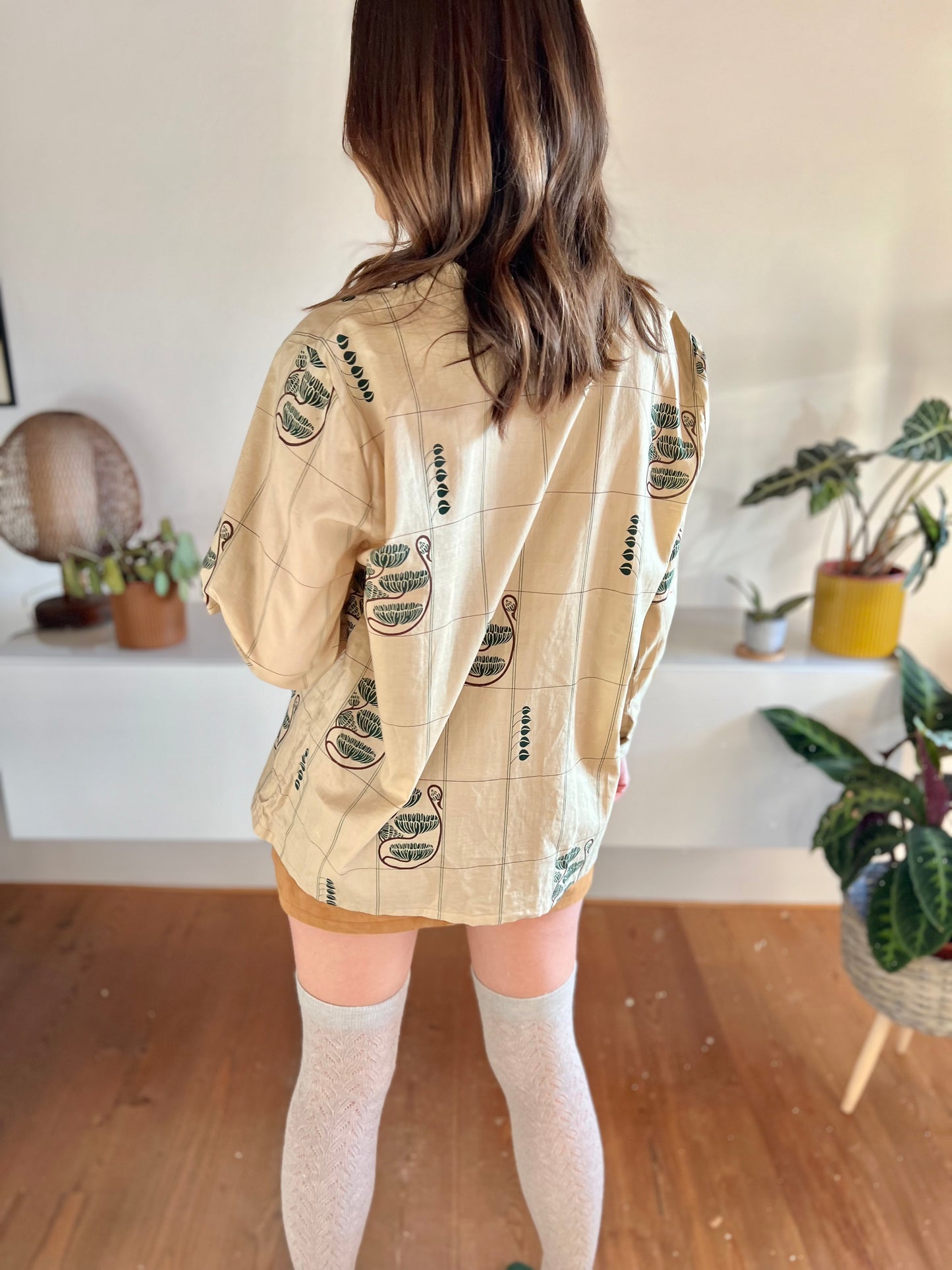 1970's vintage beige blouse with dark green floral print