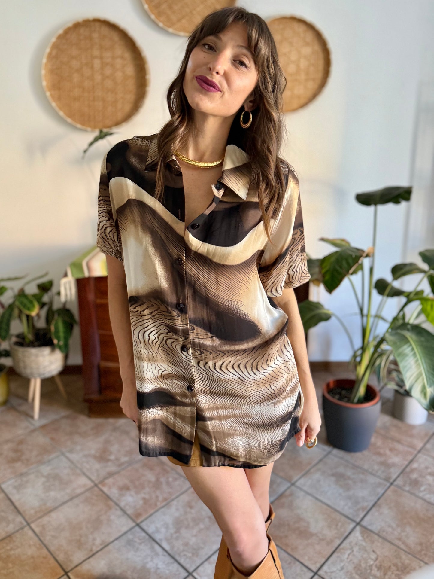 1970's vintage multitonal brown animal print sheer oversize blouse